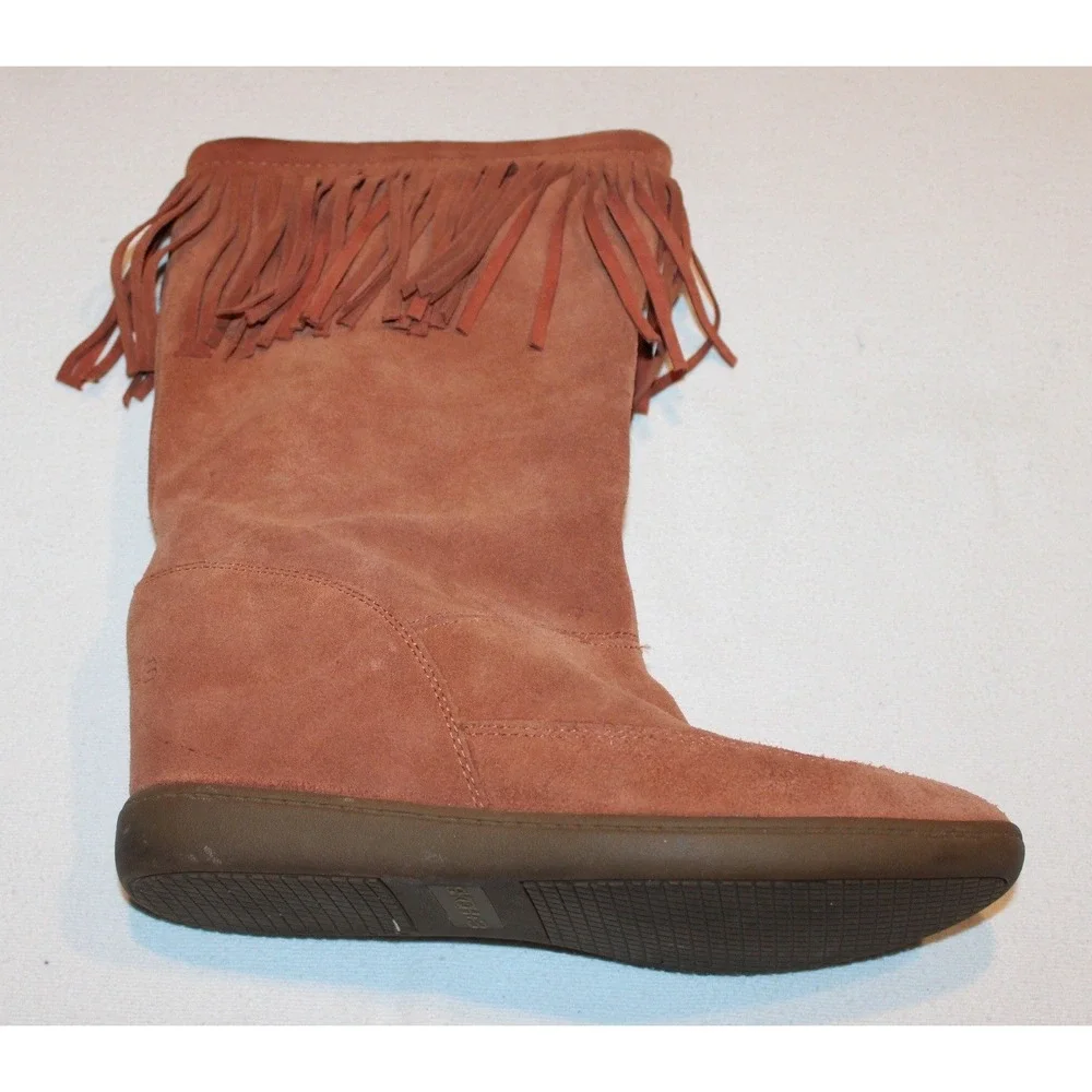 women's Skechers SKCH+3 hidden wedge suede boots Sz 10 rust fringe 48091